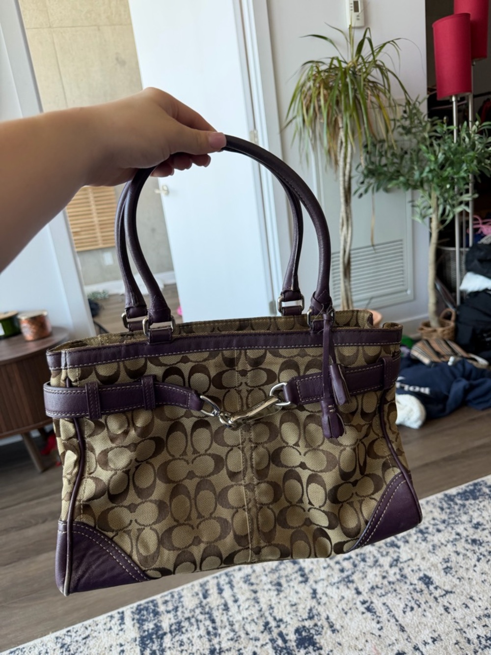 Coach Brown Signature Canvas Tote with Dark Purple Leather Trim